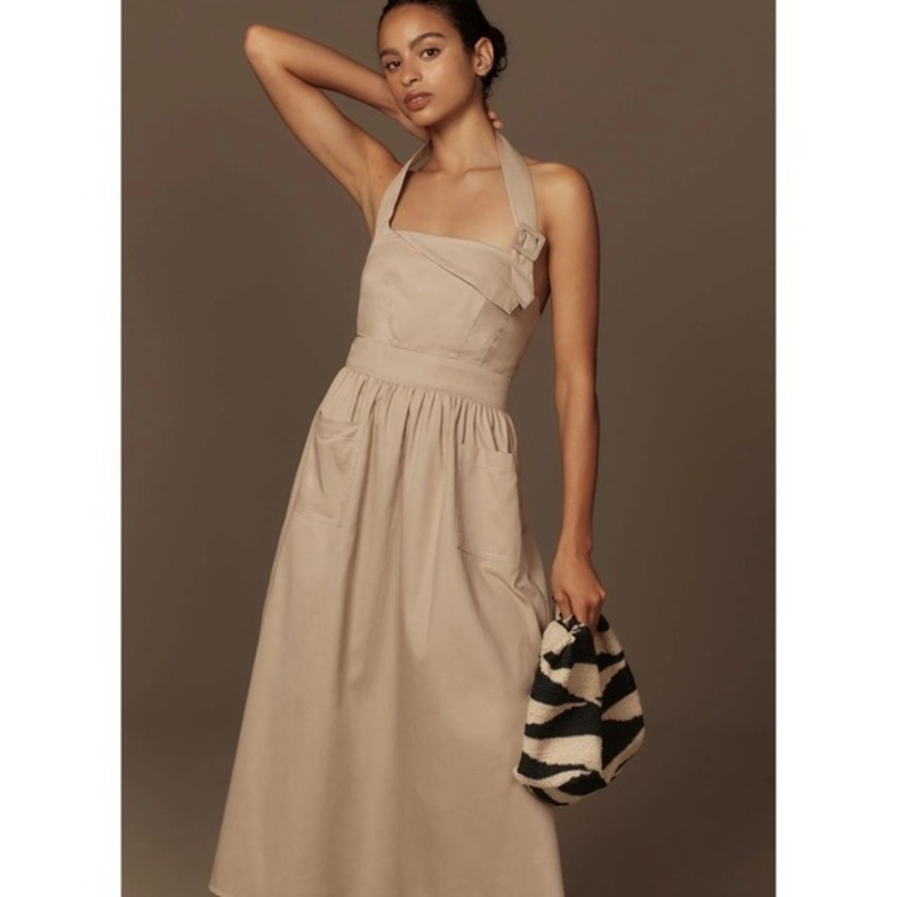Anthropologie‎ Porridge Halter Utility Midi Dress Taupe Asymmetrical Buckle